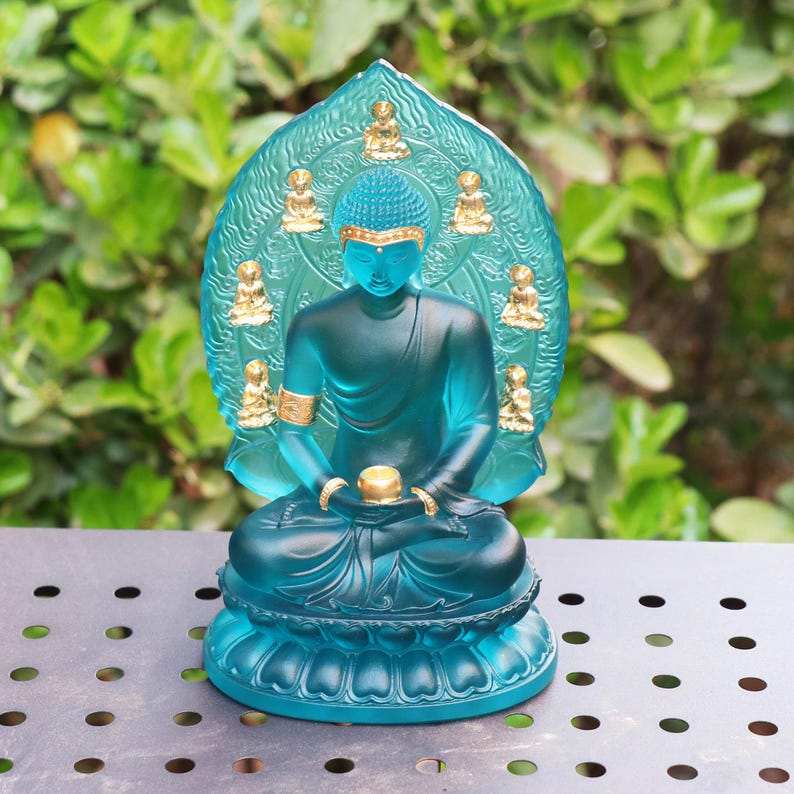 Lake Blue Glass Medicine Buddha Statue: Buddhist Temple Decor