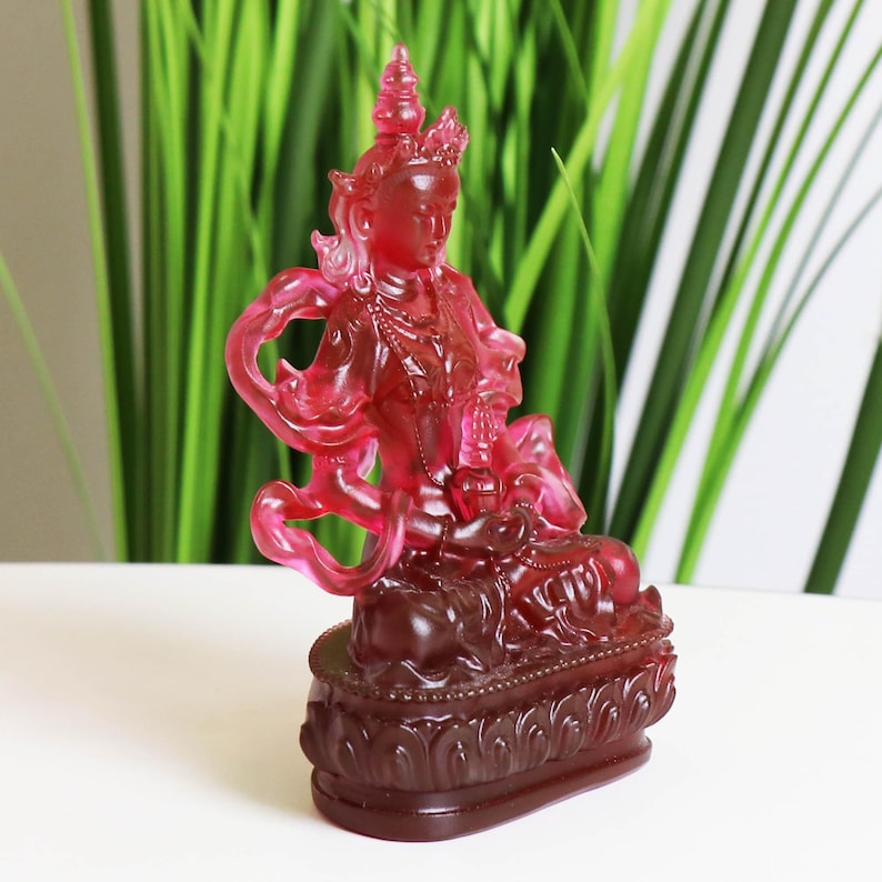 Red Glazed Glass Amitayus Buddha Statue: Tibetan Buddhist Decor