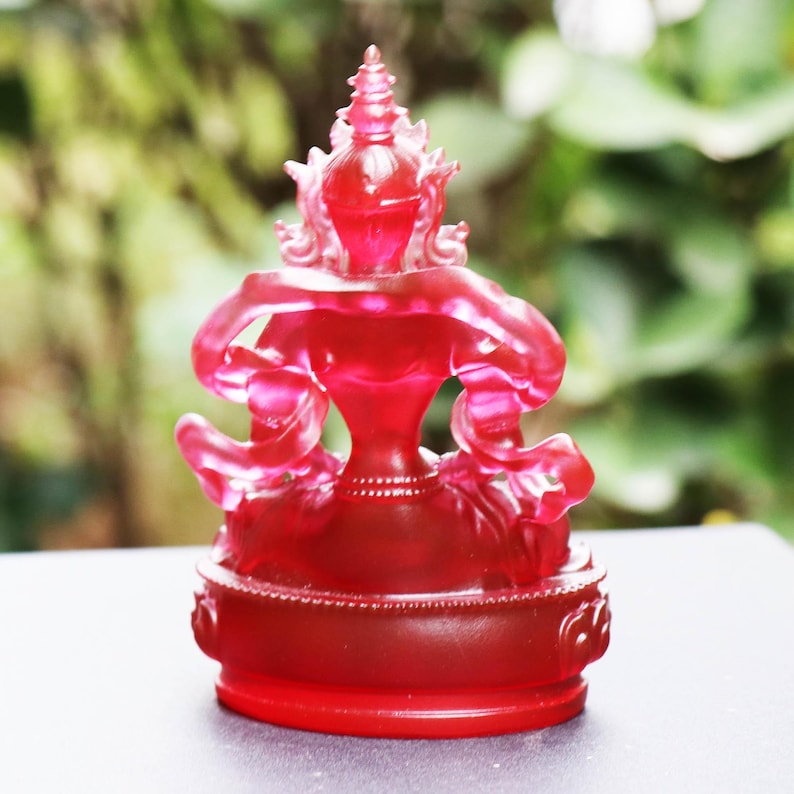Red Glazed Glass Amitayus Buddha Statue: Tibetan Buddhist Decor