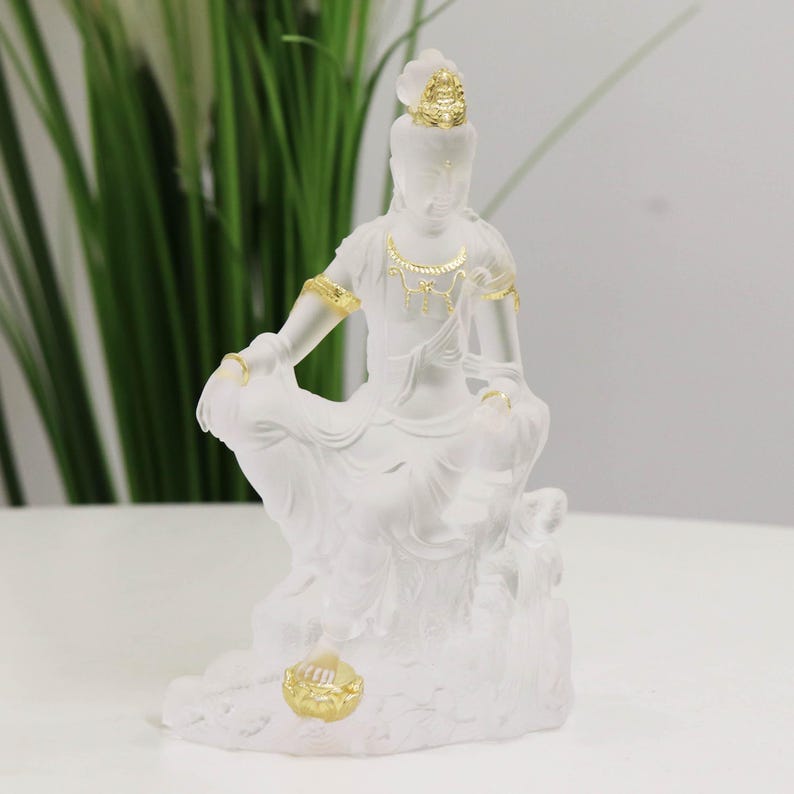 Glass Guanyin Buddha Statue: Gold-Plated Buddhist Ornament