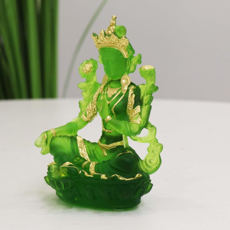Glass Green Tara Buddha Statue, Bodhisattva Handmade Zen Ancestral Temple Home Desktop Ornaments