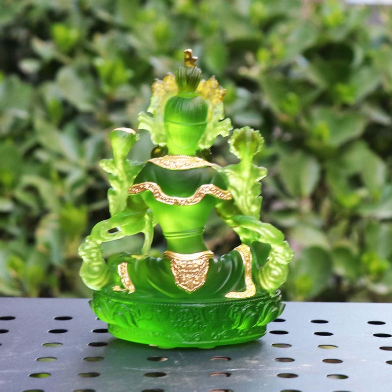 Glass Green Tara Buddha Statue, Bodhisattva Handmade Zen Ancestral Temple Home Desktop Ornaments
