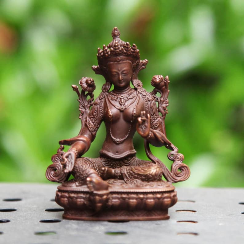 Handmade Copper Green Tara Buddha Statue: Buddhist Ornament