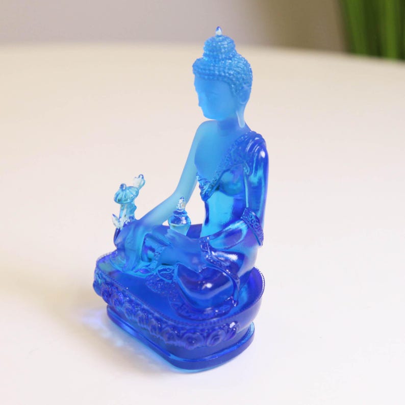 Glass Medicine Buddha Statue: Home Temple Decor, Gift for Mom, Handmade Glass Buddha Statue, Home Glass Ornament