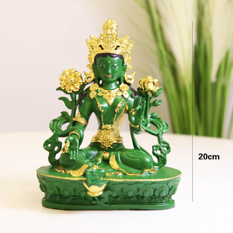 Resin Green Tara Buddha Statue: Painted Tibetan Auspicious Ornament