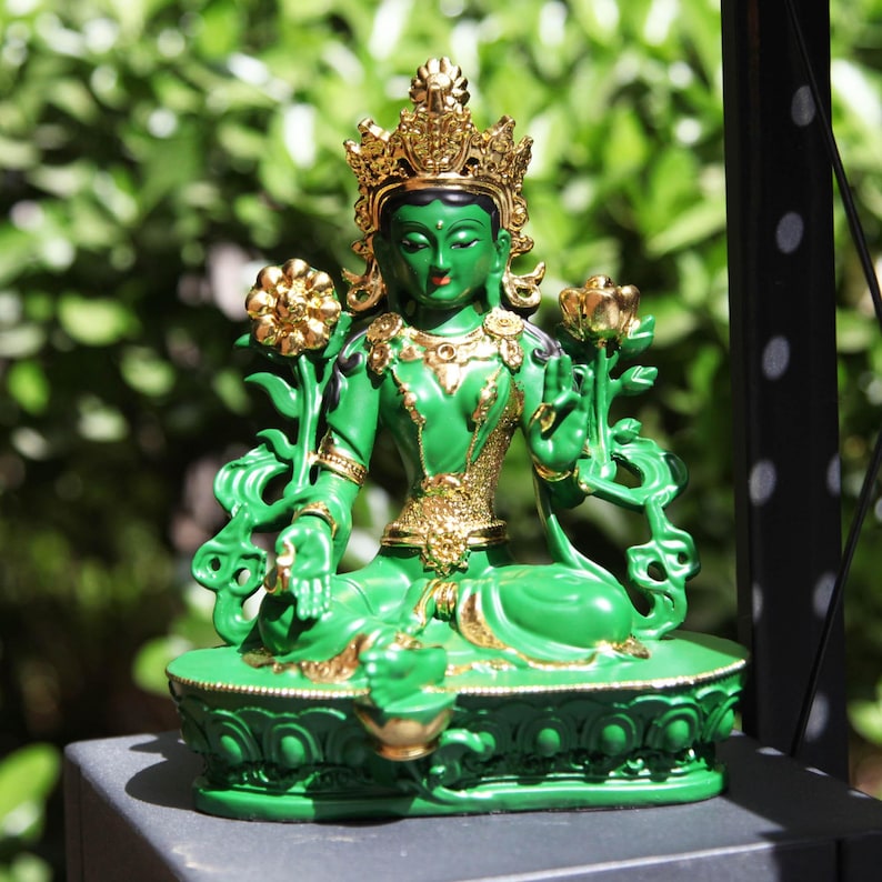 Resin Green Tara Buddha Statue: Painted Tibetan Auspicious Ornament