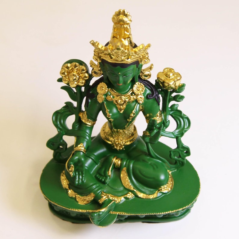 Resin Green Tara Buddha Statue: Painted Tibetan Auspicious Ornament