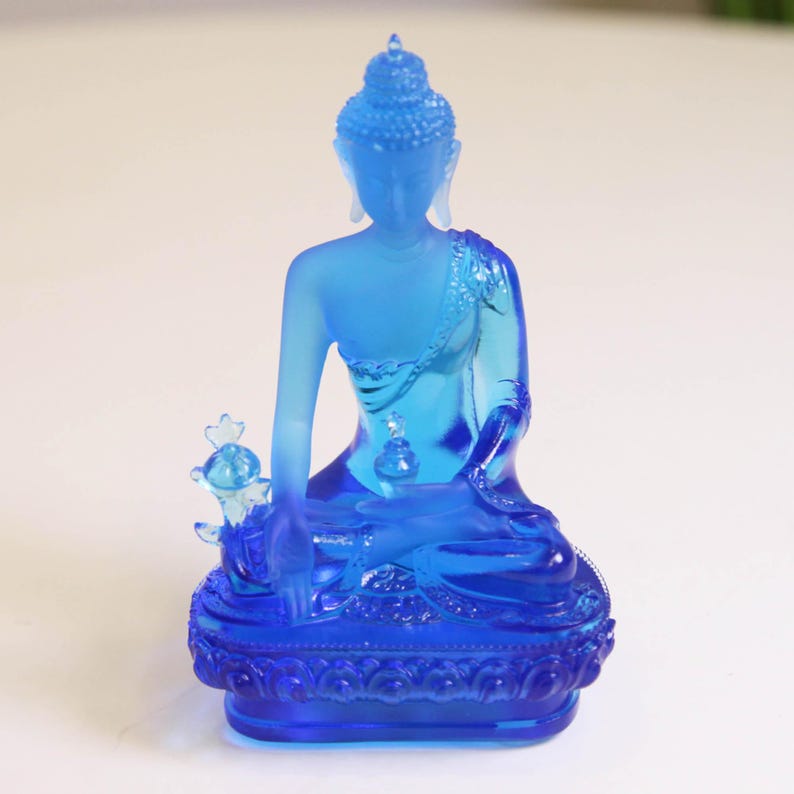 Glass Medicine Buddha Statue: Home Temple Decor, Gift for Mom, Handmade Glass Buddha Statue, Home Glass Ornament