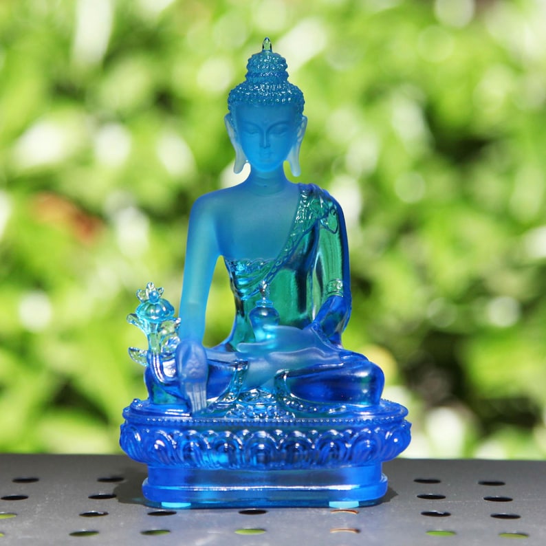 Glass Medicine Buddha Statue: Home Temple Decor, Gift for Mom, Handmade Glass Buddha Statue, Home Glass Ornament