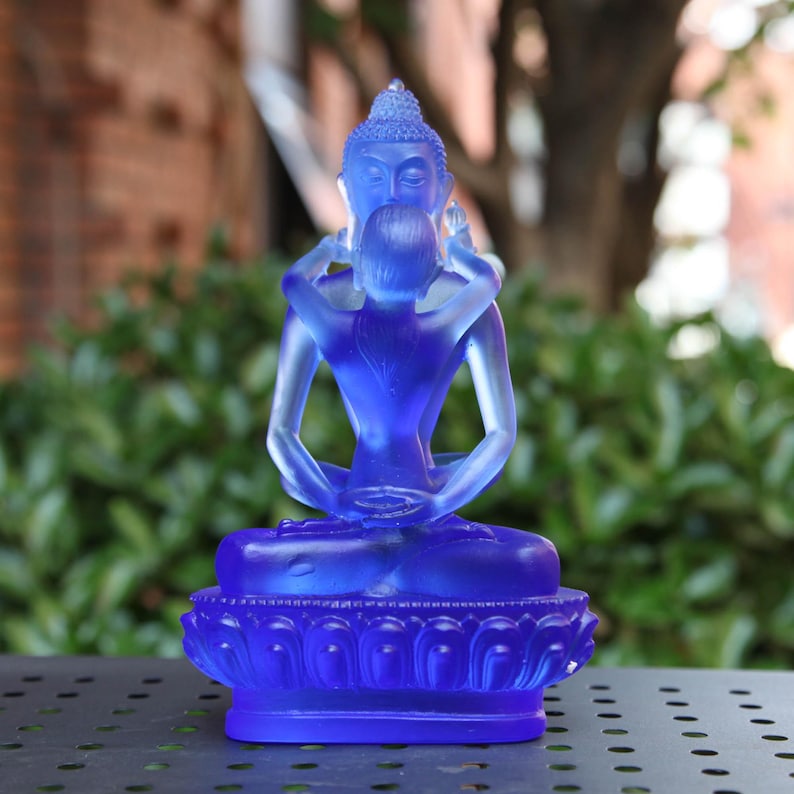 Liuli Glass Samantabhadra Buddha Statue: Tibetan Yab-Yum Altar Sculpture (22cm)