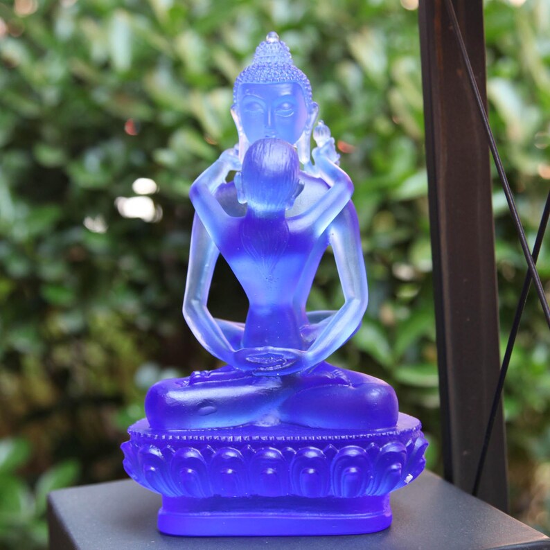 Liuli Glass Samantabhadra Buddha Statue: Tibetan Yab-Yum Altar Sculpture (22cm)