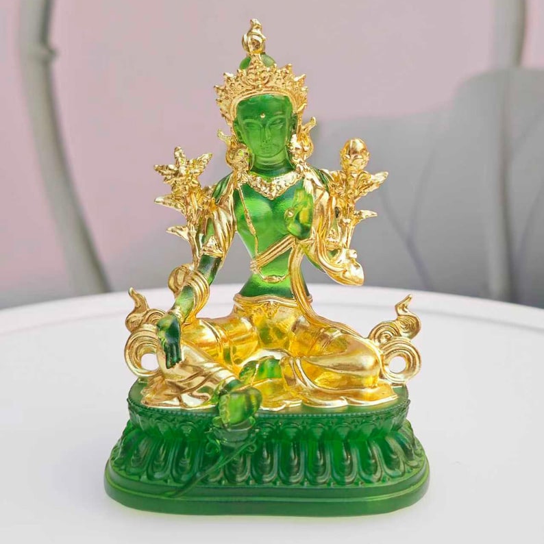 Gilded Green Glass Tara Statue, Ancient Glass Art, Tibetan Buddhist Altar Piece, Gift for Mom, Gift Favors