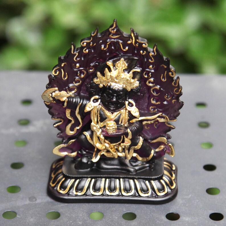 Guardian of Abundance: Two-Armed Mahakala Glass Statue - A Powerful Altar Centerpiece for Home Blessings