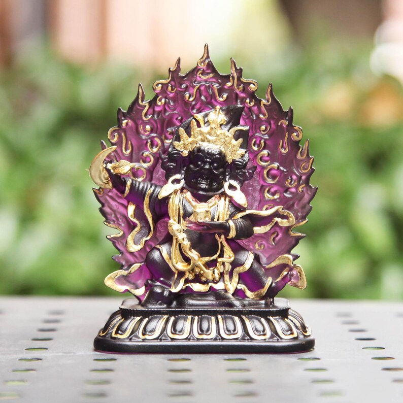 Guardian of Abundance: Two-Armed Mahakala Glass Statue - A Powerful Altar Centerpiece for Home Blessings