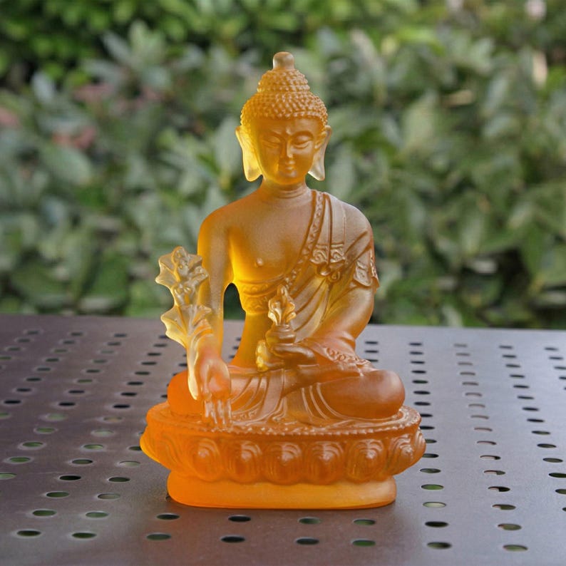 Ancient Liuli Medicine Buddha Seven Buddhas Statue Set – Tibetan Esoteric Bhaisajyaguru Glass Figurine, Home Altar Worship & Spiritual Decor