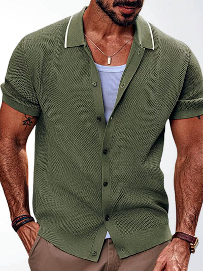 Men's Jacquard Knit Short Sleeve Polo Shirt Business Casual Summer Top in Khaki - product view