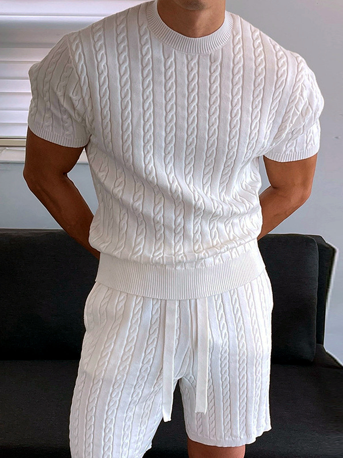 Men's Lyocell Cotton Casual Bermuda Shorts Elastic Waist Summer Shorts in White - product view