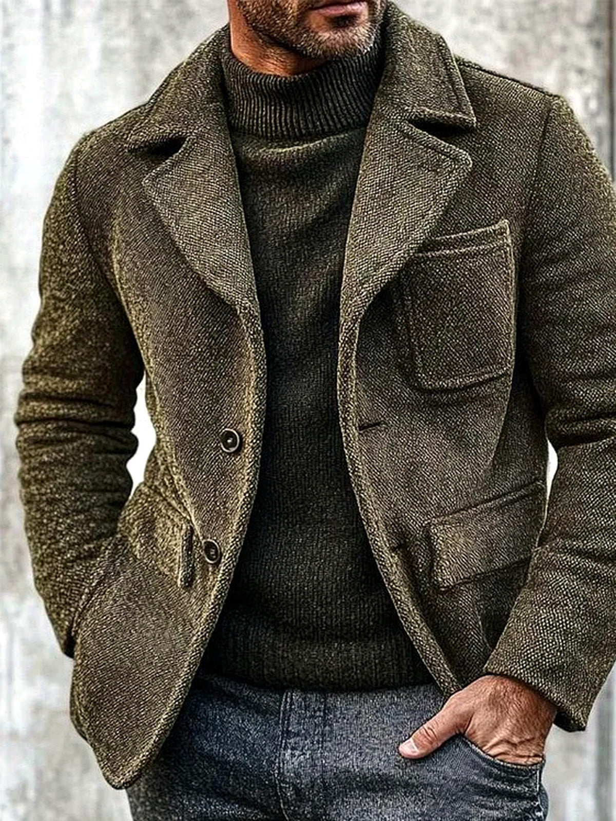 Men's Lapel Collar Solid Color Long Sleeve Blazer Casual Winter in Army Green - product view