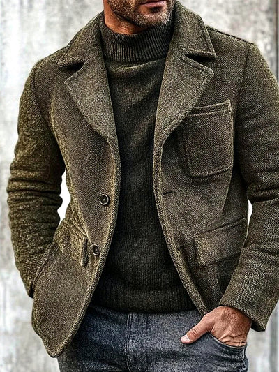 Men's Lapel Collar Solid Color Long Sleeve Blazer Casual Winter in Army Green - product view
