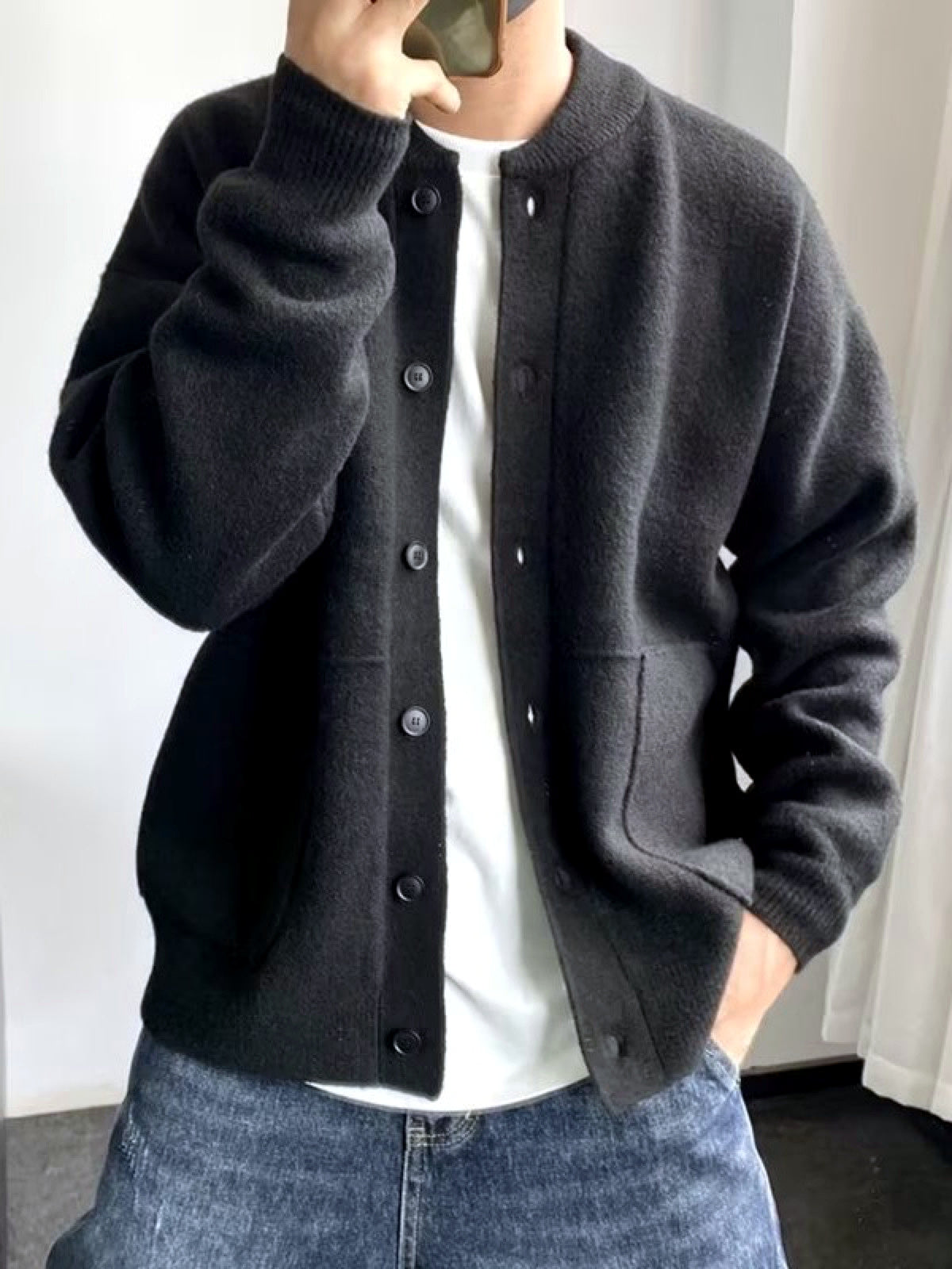 Men's Solid Color Knit Cardigan Casual in Black - product view