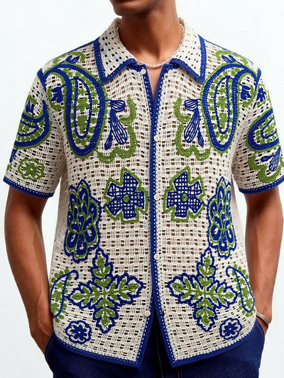 Men's Jacquard Knit Short Sleeve Polo Shirt Business Casual Summer Top in Blue - product view