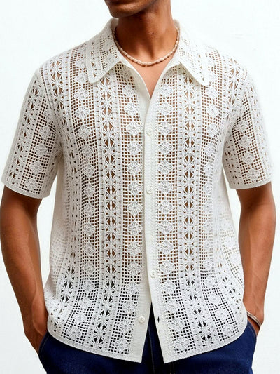 Men's Jacquard Knit Short Sleeve Polo Shirt Business Casual Summer Top in White - product view