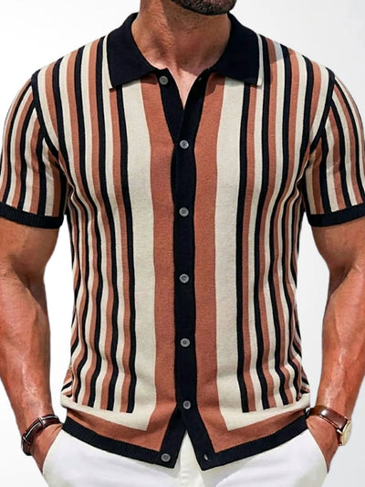 Men's Striped Jacquard Knit Short Sleeve Polo Shirt Business Casual Summer Top in Black - product view