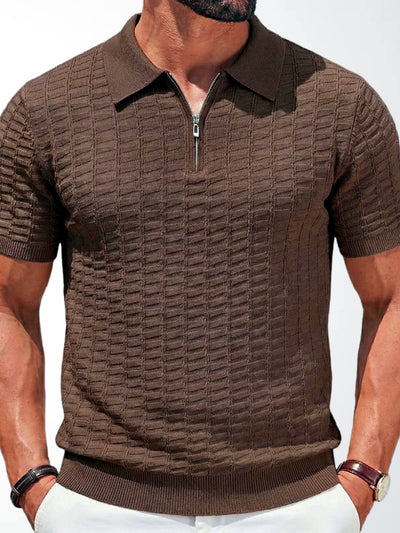 Men's Jacquard Knit Short Sleeve Polo Shirt Business Casual Summer Top in Brown - product view