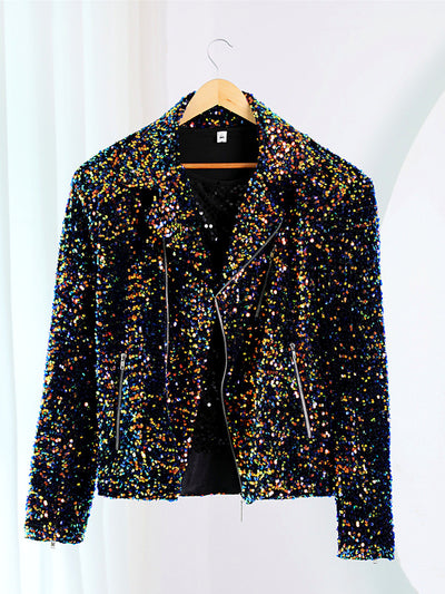 Men's Lapel Collar Sequin Slim Fit Jacket for Everyday Smart-Casual Wear in Black - product view