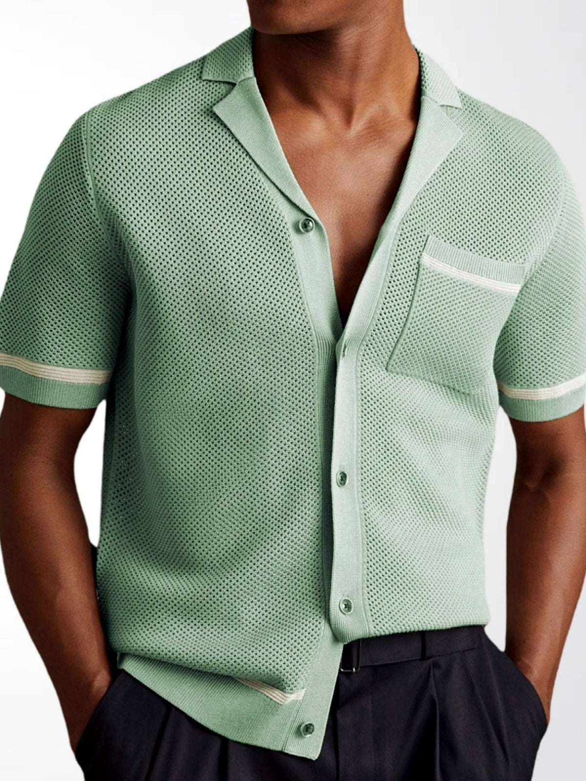 Men's Jacquard Knit Short Sleeve Polo Shirt Business Casual Summer Top in Green - product view