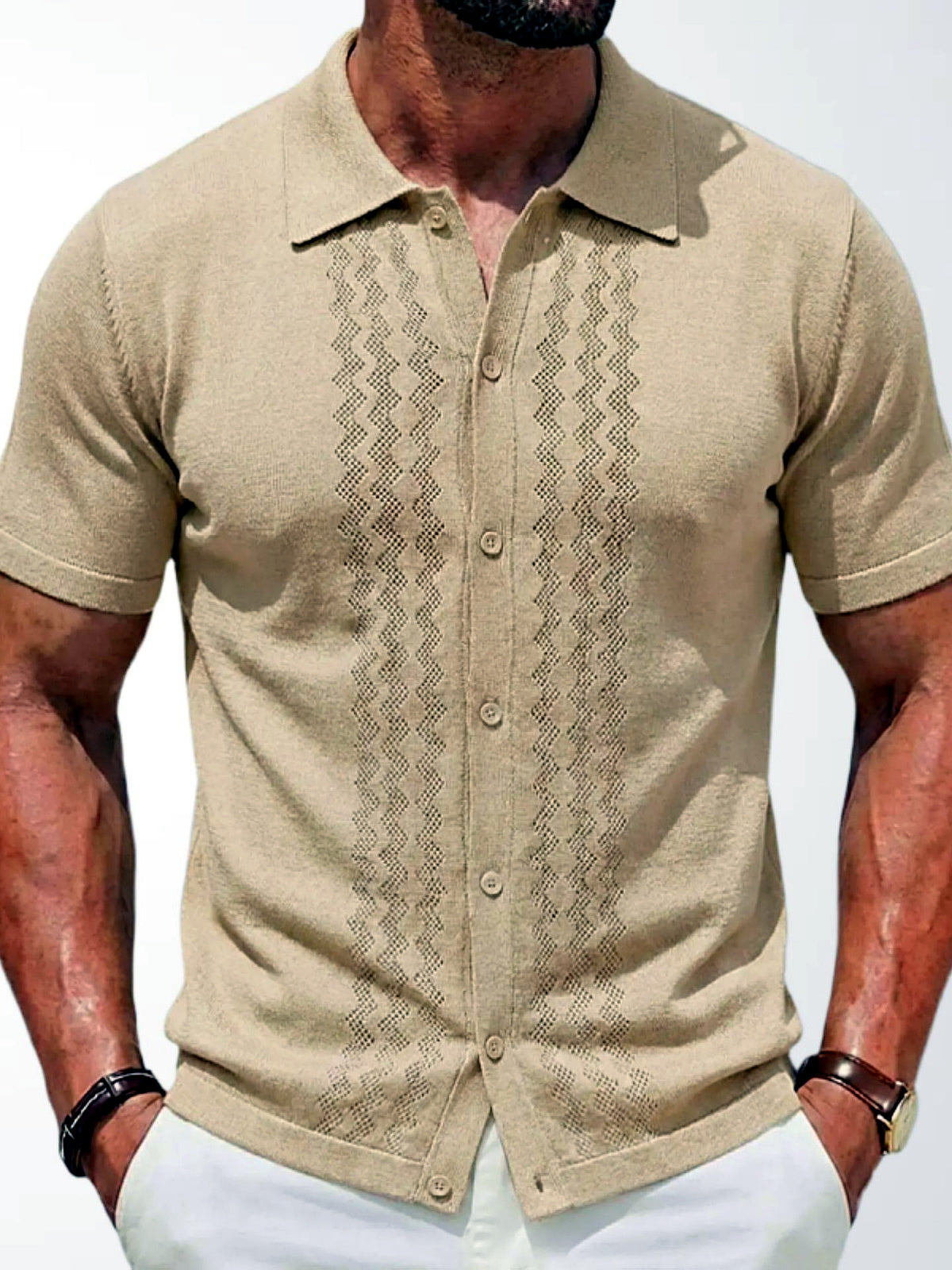 Men's Jacquard Knit Short Sleeve Polo Shirt Business Casual Summer Top in Khaki - product view