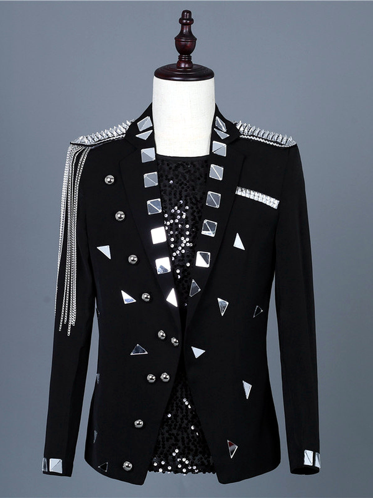 Men's Jacquard Blazer Suit Jacket One Button Party Banquet Formal Outfit in Black - product view