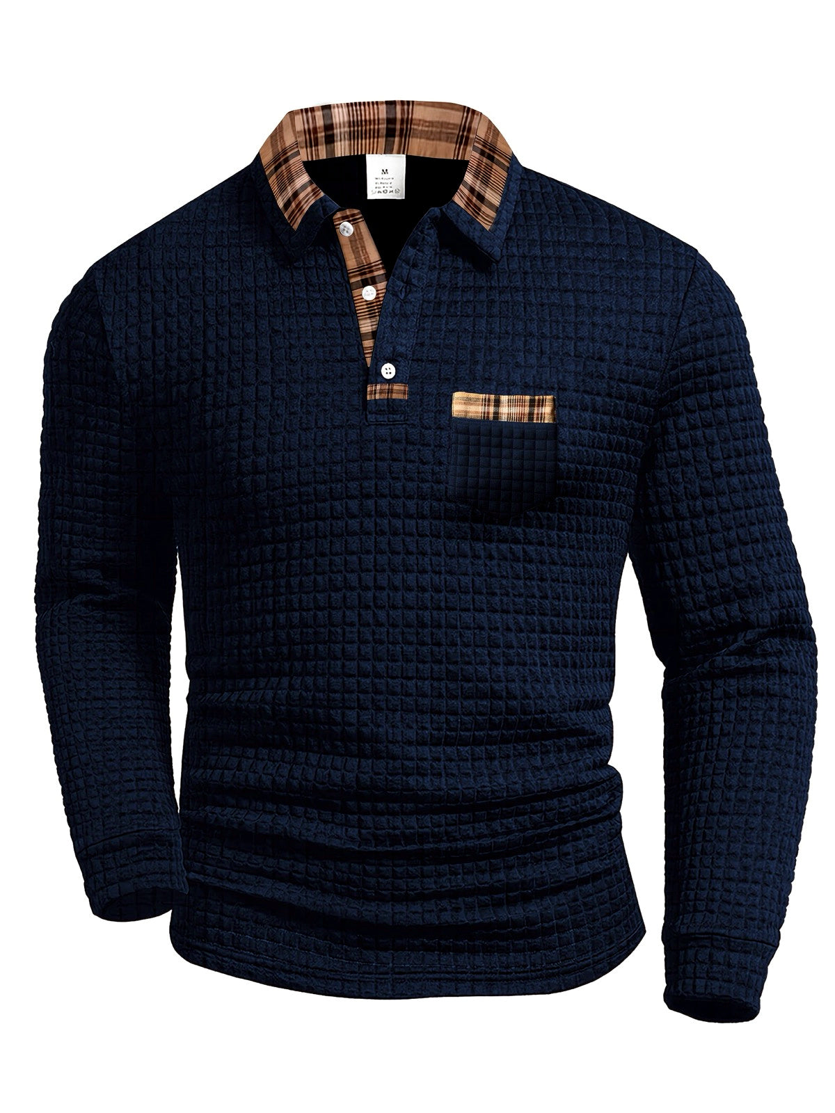 Men's Plaid Patchwork Pocket Long Sleeve Polo Shirt in Navy - product view