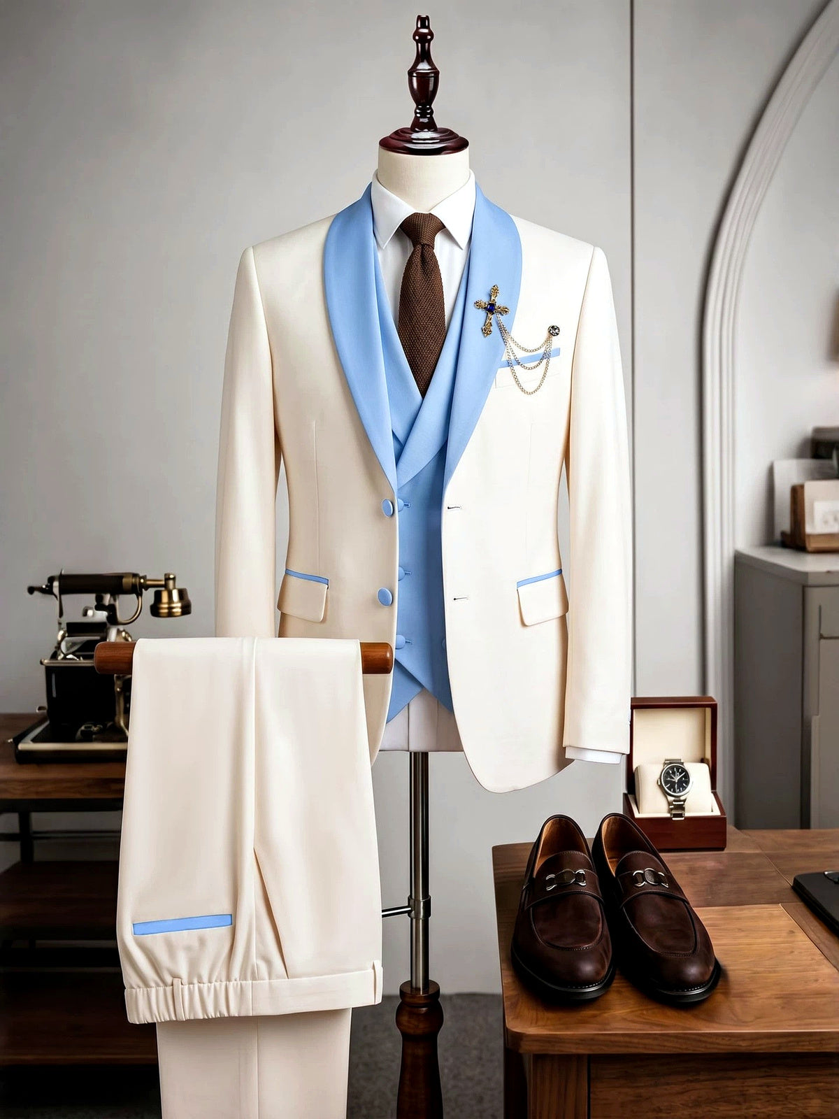 Men's Jacquard Blazer Suit Jacket One Button Party Banquet Formal Outfit in Apricot - product view