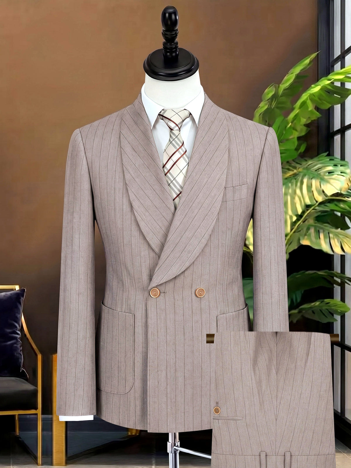 Men's Lightweight Business Blazer and Pants Set Casual Suit Outfit in Coffee Brown - product view