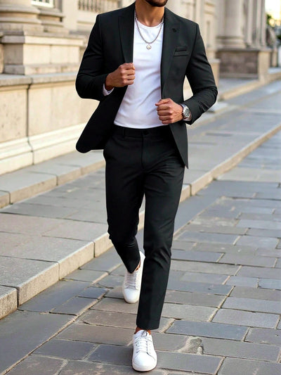 Men's Lightweight Business Blazer and Pants Set Casual Suit Outfit in Black - product view