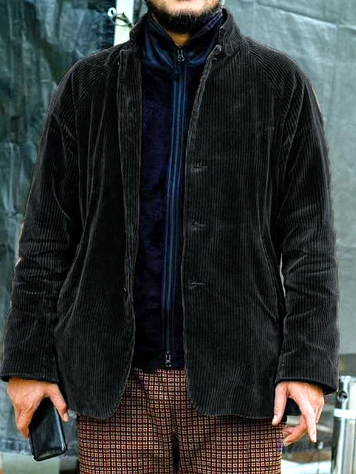 Men's Lapel Collar Long Sleeve Shirt Casual Spring and Fall in Black - product view