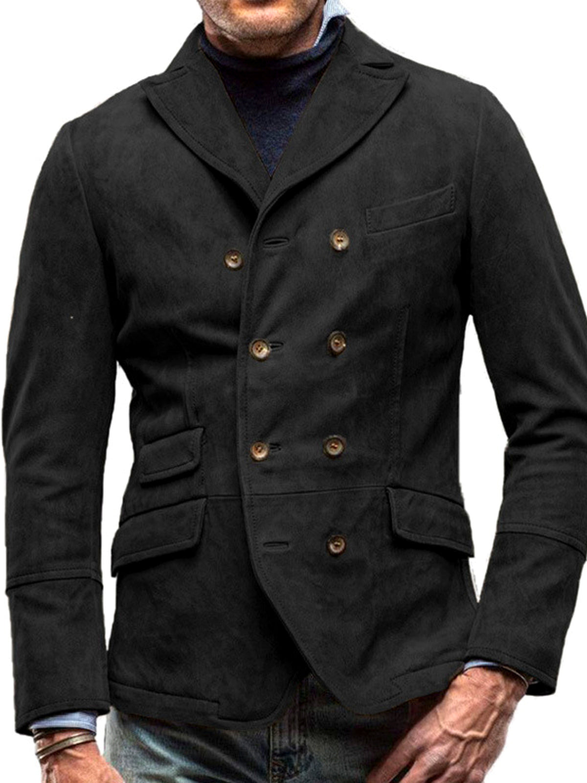 Men's Lapel Collar Long Sleeve Shirt Casual Winter in Black - product view