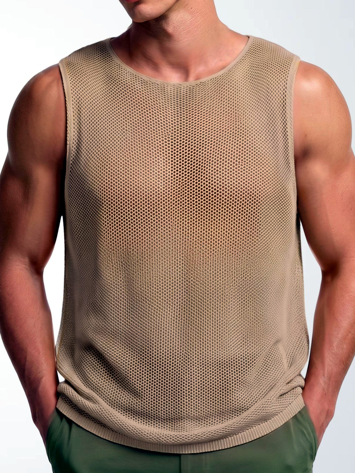 Men's Sleeveless Linen Vest Shirt Lightweight Casual Summer Top in Khaki - product view