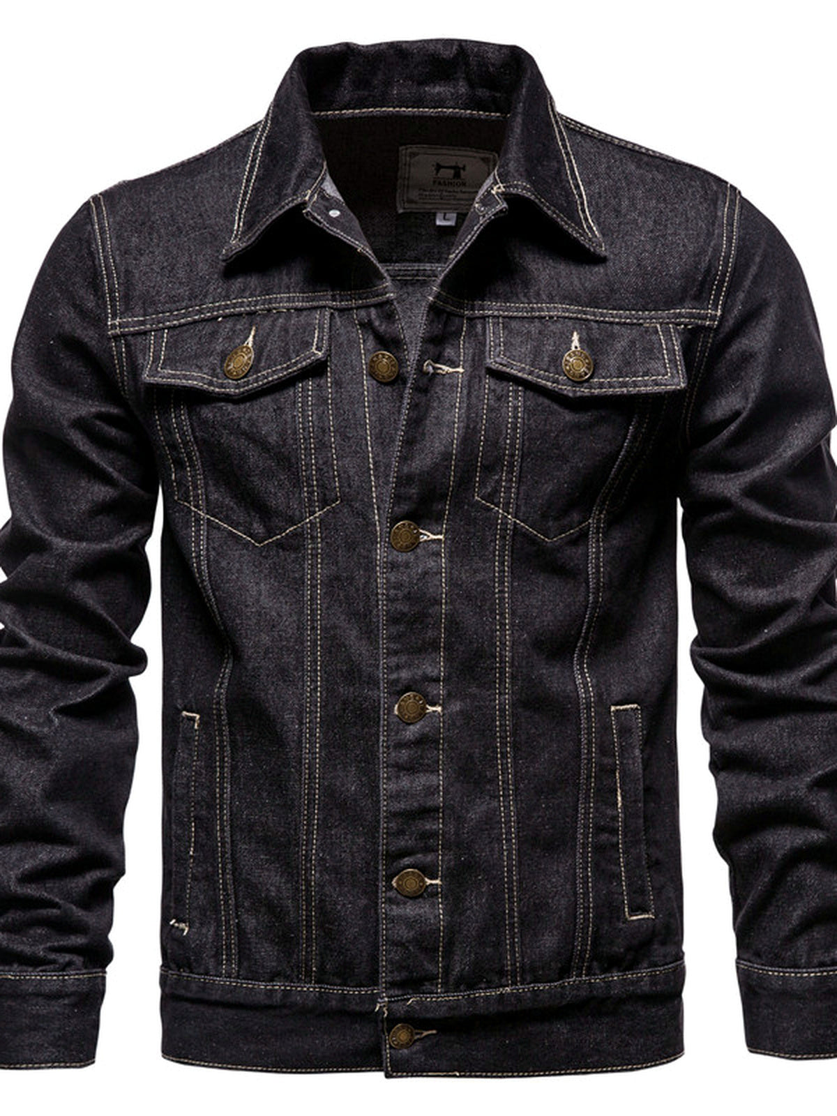 Men's Denim Jacket Slim Fit Casual Cotton Jean Jacket Streetwear Outerwear in Black - product view