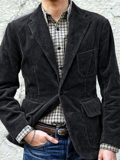 Men's Lapel Collar Solid Color Woven Long Sleeve Blazer Casual Spring and Fall in Black - product view