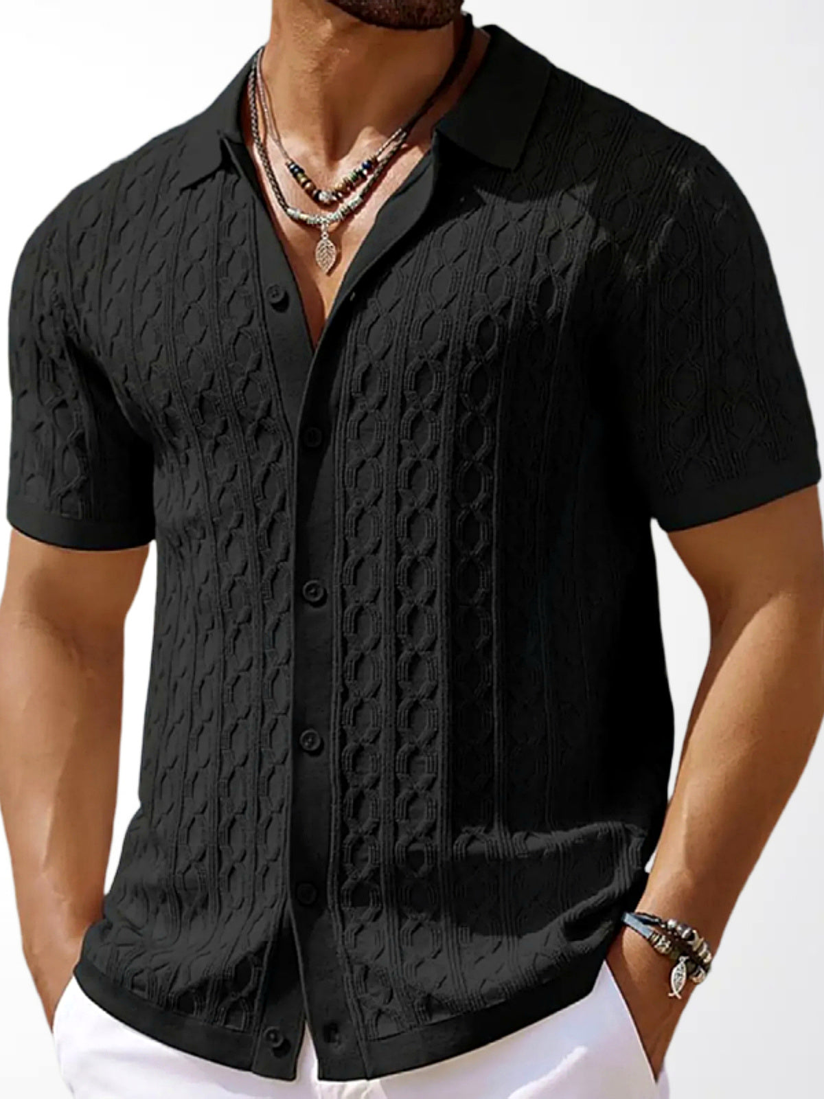 Men's Jacquard Knit Short Sleeve Polo Shirt Business Casual Summer Top in Black - product view