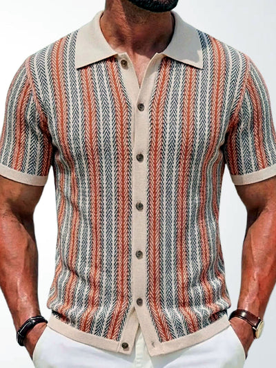 Men's Striped Jacquard Knit Short Sleeve Polo Shirt Business Casual Summer Top in Khaki - product view