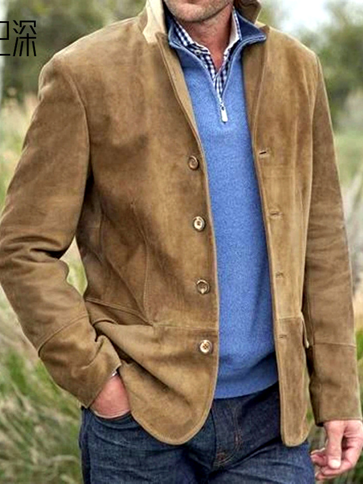 Men's Lapel Collar Woven Long Sleeve Shirt Casual Winter in Brown - product view