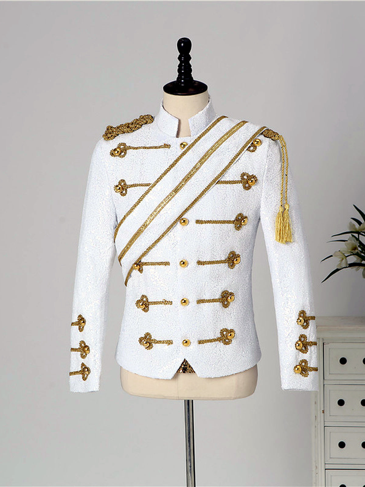 Men's Stand Collar Sequin Military-Inspired Slim Fit Long Sleeve Performance Jacket for Stage Shows and Events in White