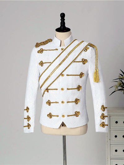 Men's Stand Collar Sequin Military-Inspired Slim Fit Long Sleeve Performance Jacket for Stage Shows and Events in White