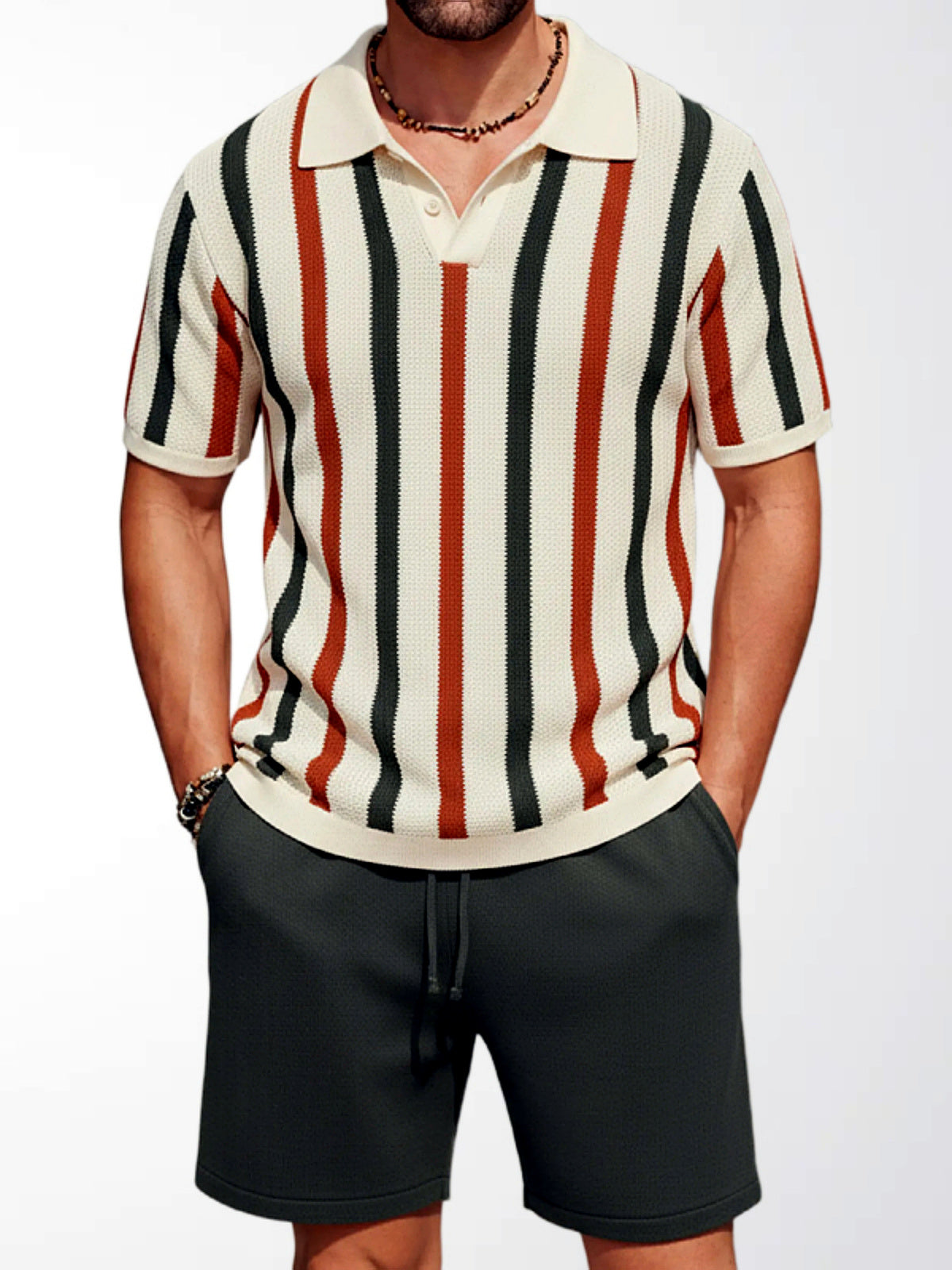 Men's Zip Collar Polo Shirt and Shorts Summer Two-Piece Set in Khaki - product view