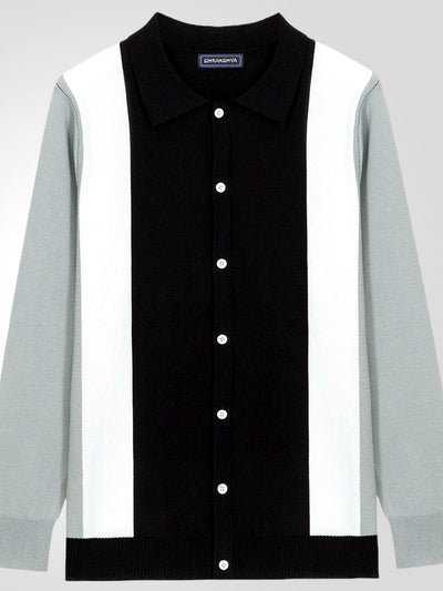 Men's Striped Jacquard Knit Short Sleeve Polo Shirt Business Casual Summer Top in Black - product view