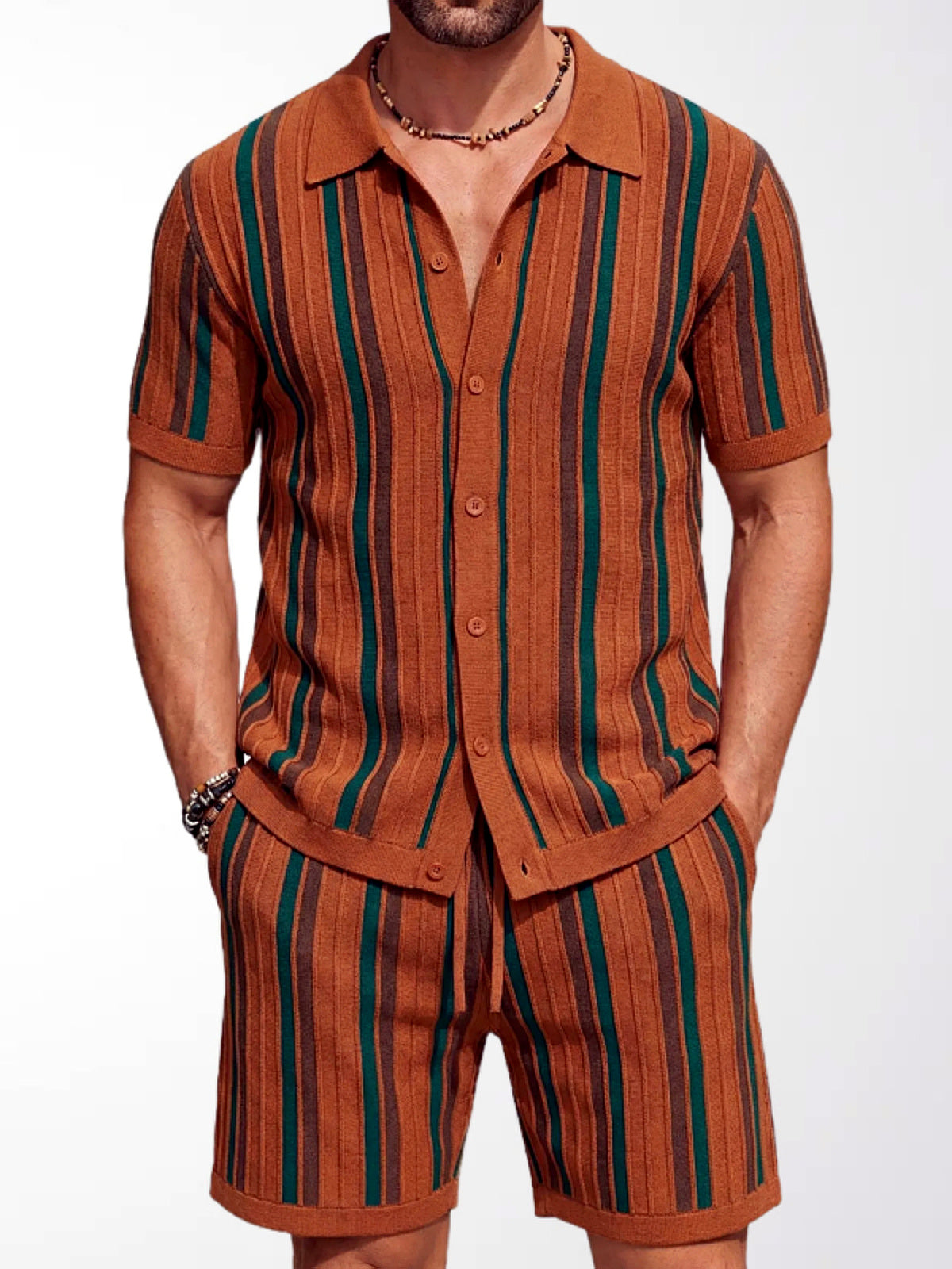 Men's Zip Collar Polo Shirt and Shorts Summer Two-Piece Set in Brown - product view