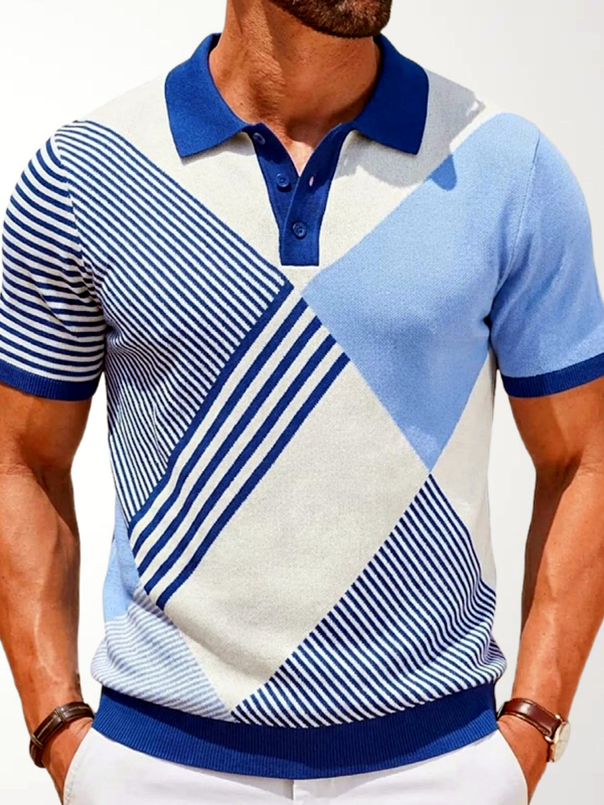 Men's Jacquard Knit Short Sleeve Polo Shirt Business Casual Summer Top in Blue - product view